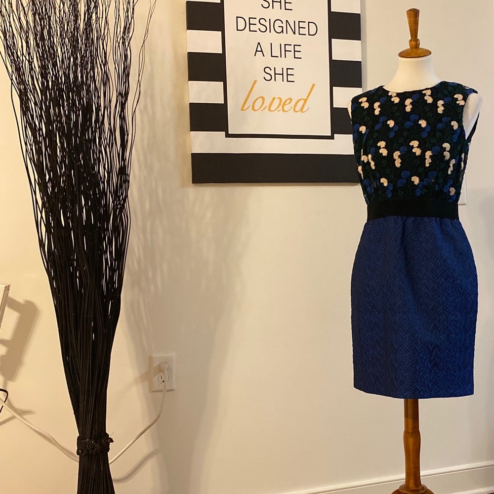 Royal blue and black dress with cream flowers